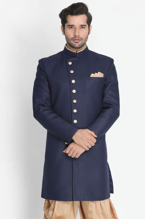 VASTRAMAY Men's Dark Blue Silk Blend Sherwani Only Top
